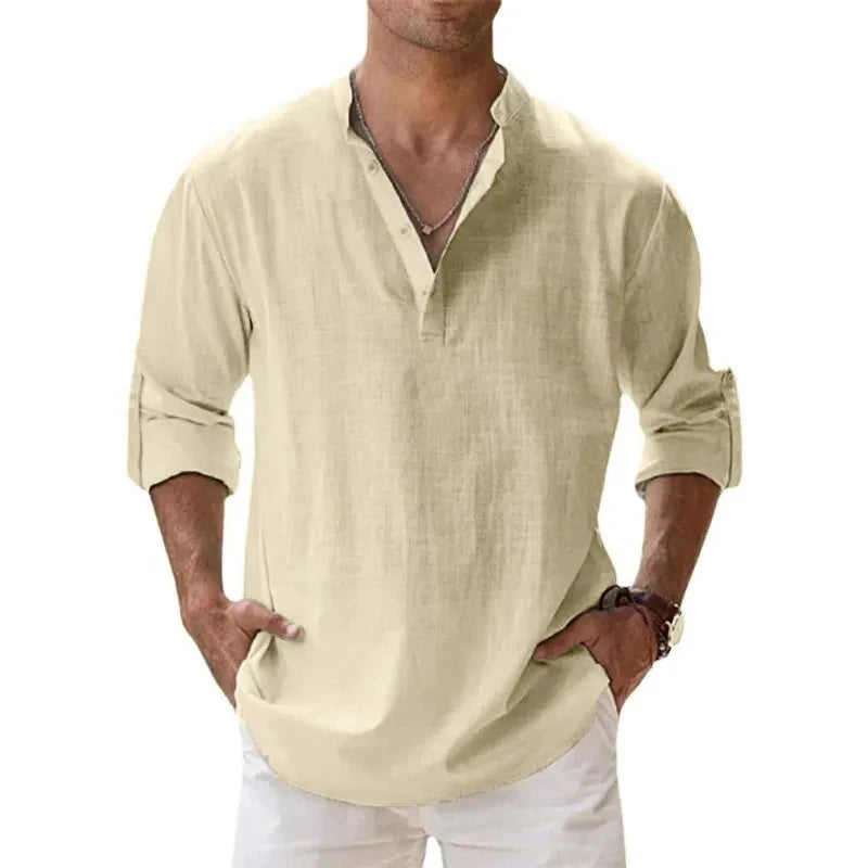 Men’s Lightweight Cotton Linen Henley Shirt – Long Sleeve Streetwear