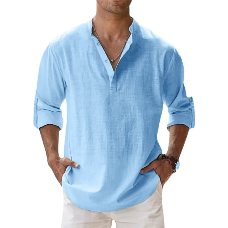 Men’s Lightweight Cotton Linen Henley Shirt – Long Sleeve Streetwear