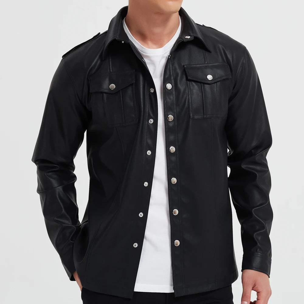 Men's Fashion PU leather shirt Elastic PU leather Police shirt long sleeve