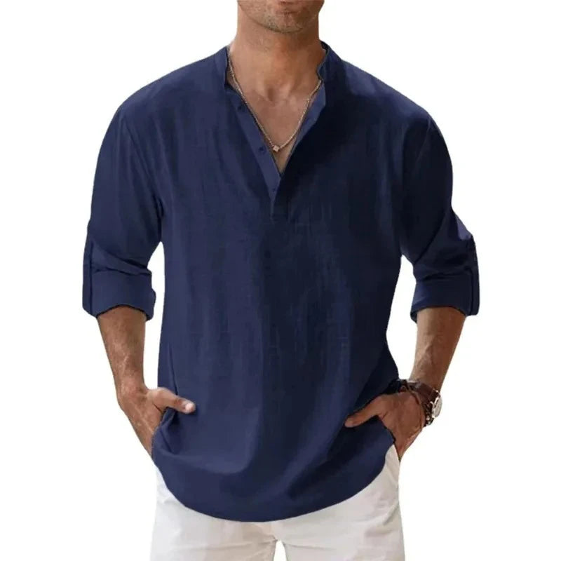 Men’s Lightweight Cotton Linen Henley Shirt – Long Sleeve Streetwear