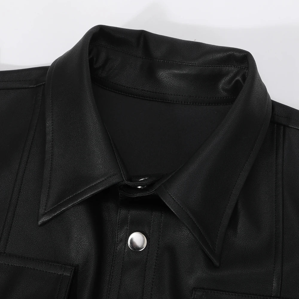Men's Fashion PU leather shirt Elastic PU leather Police shirt long sleeve