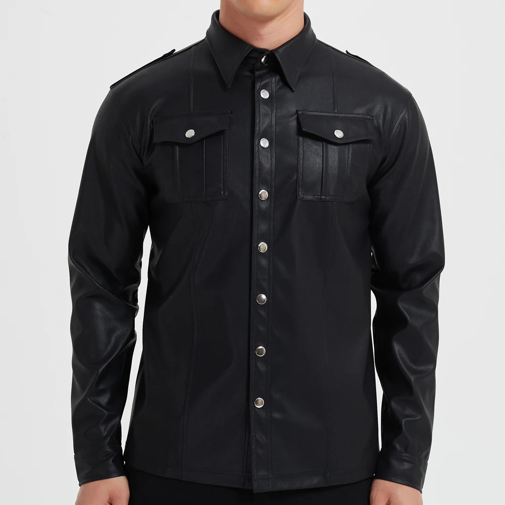 Men's Fashion PU leather shirt Elastic PU leather Police shirt long sleeve