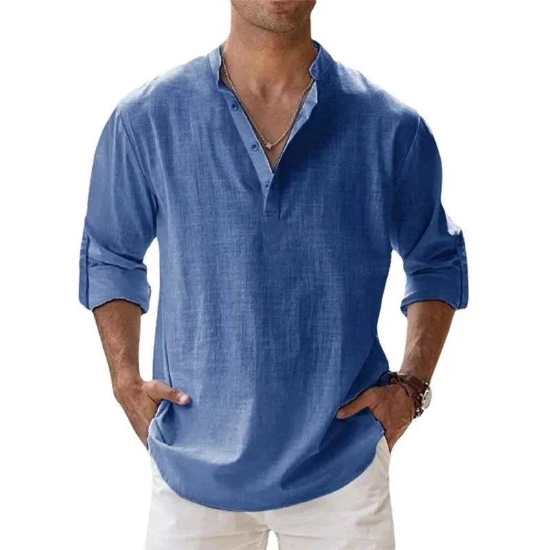 Men’s Lightweight Cotton Linen Henley Shirt – Long Sleeve Streetwear