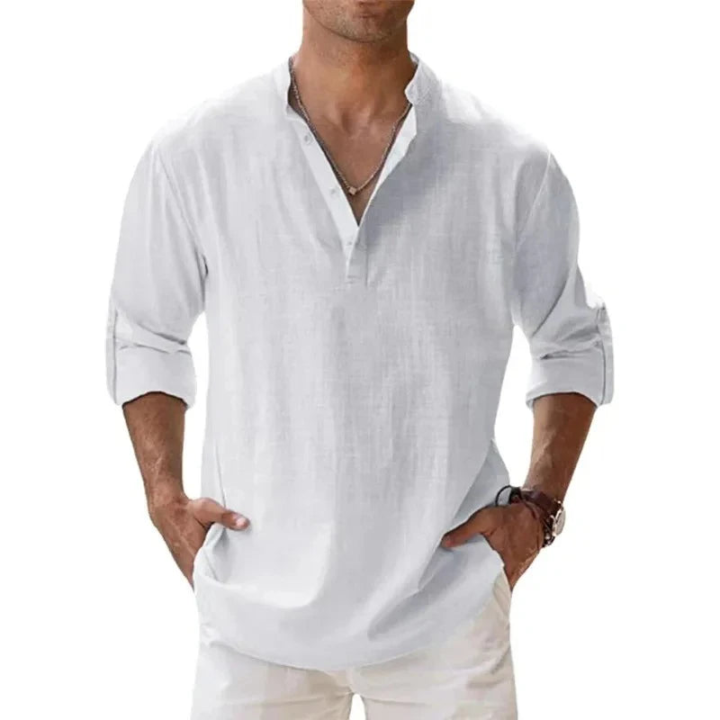 Men’s Lightweight Cotton Linen Henley Shirt – Long Sleeve Streetwear