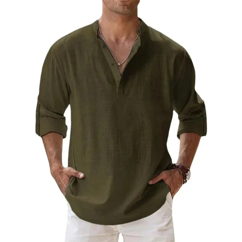Men’s Lightweight Cotton Linen Henley Shirt – Long Sleeve Streetwear