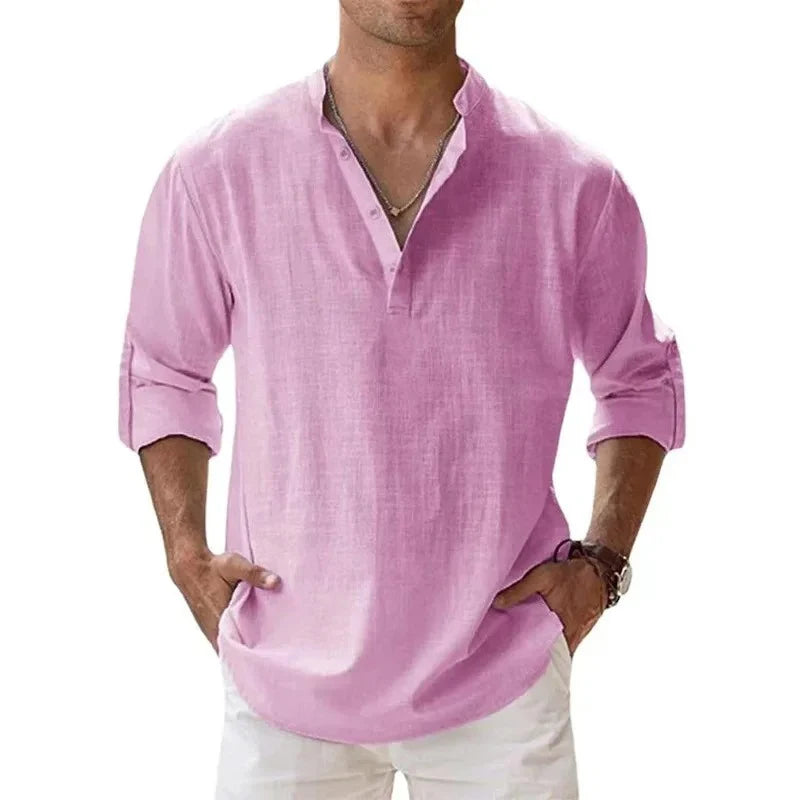 Men’s Lightweight Cotton Linen Henley Shirt – Long Sleeve Streetwear