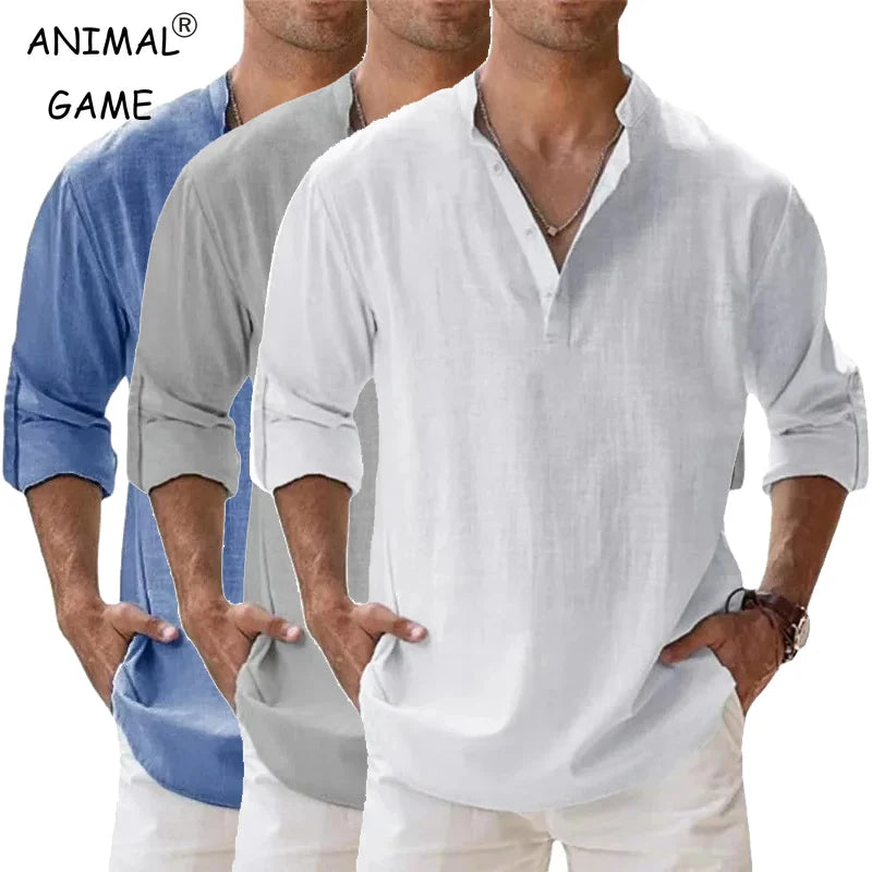 Men’s Lightweight Cotton Linen Henley Shirt – Long Sleeve Streetwear