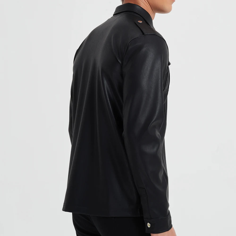 Men's Fashion PU leather shirt Elastic PU leather Police shirt long sleeve