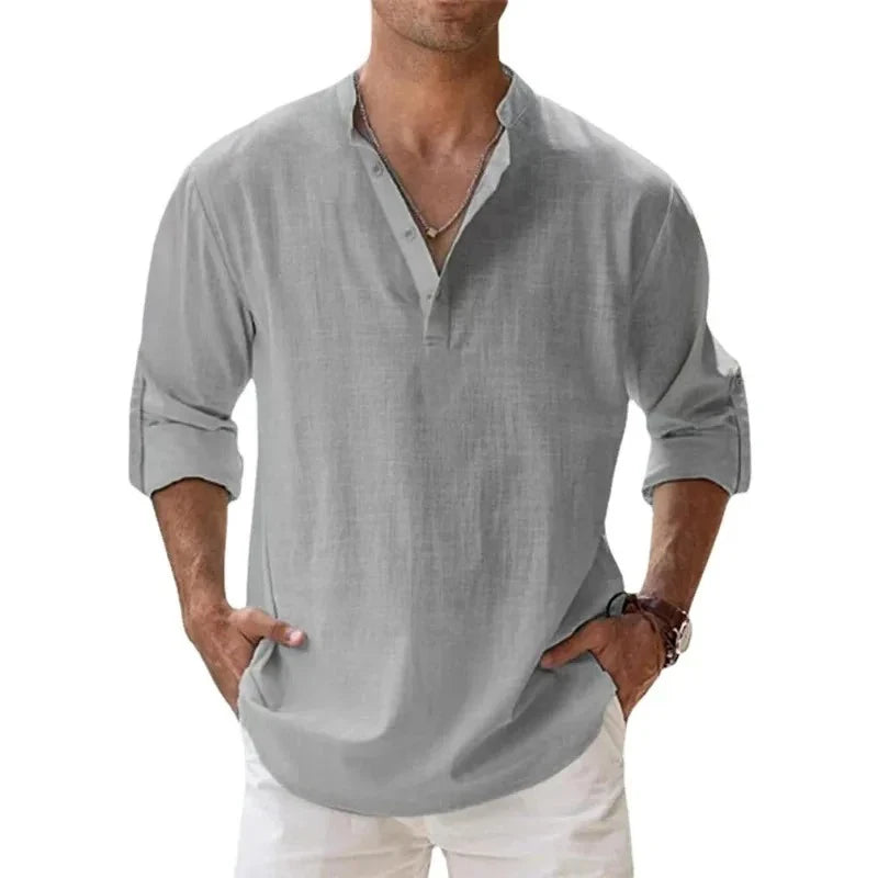 Men’s Lightweight Cotton Linen Henley Shirt – Long Sleeve Streetwear