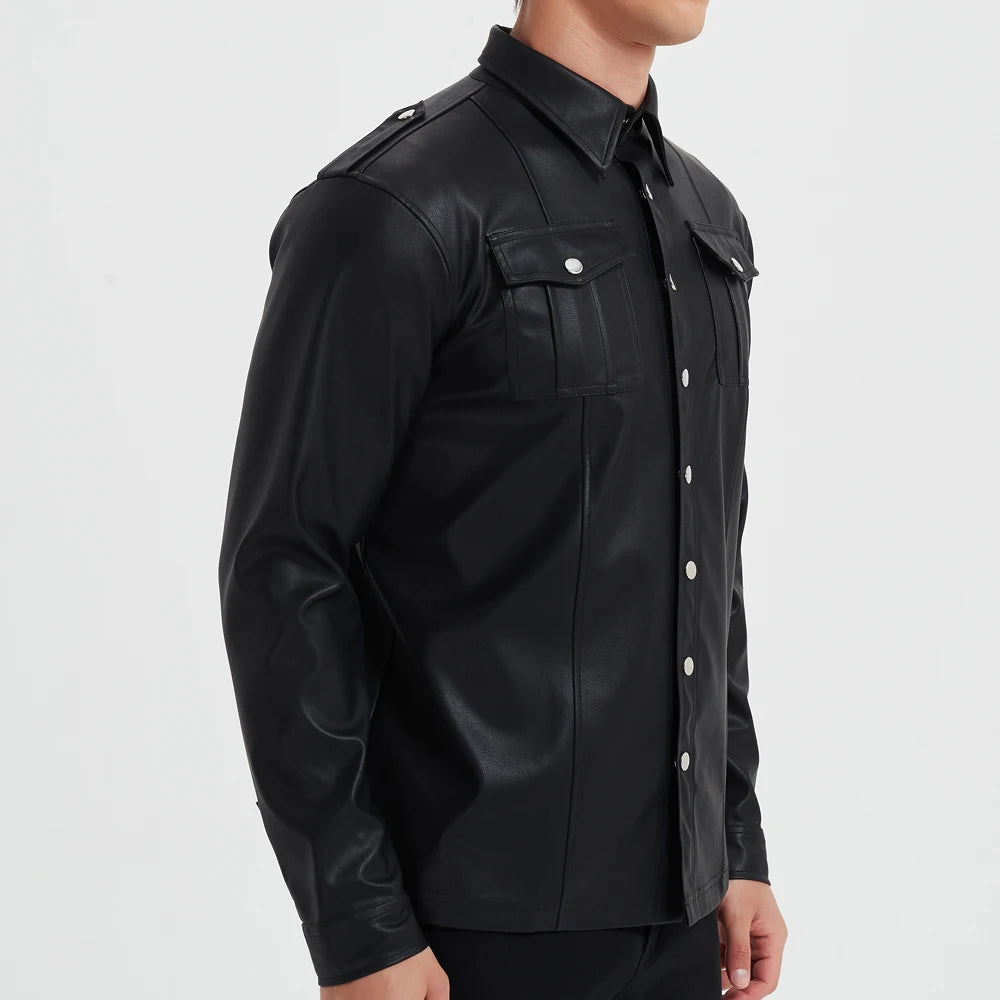 Men's Fashion PU leather shirt Elastic PU leather Police shirt long sleeve