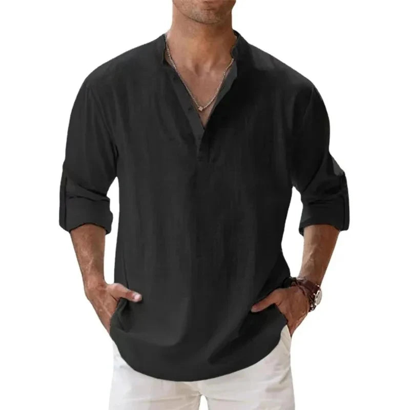 Men’s Lightweight Cotton Linen Henley Shirt – Long Sleeve Streetwear