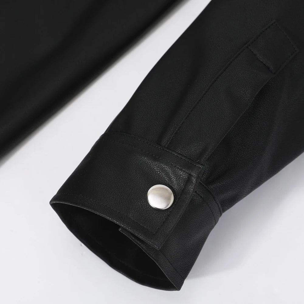 Men's Fashion PU leather shirt Elastic PU leather Police shirt long sleeve